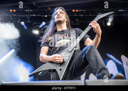 The French death metal band Gojira performs a live concert at the Norwegian music festival Tons of Rock 2015. Here guitarist Christian Andreu is seen live on stage. Norway, 19/06 2015. Stock Photo