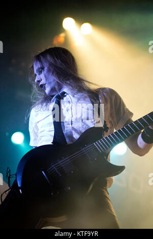 The Norwegian industrial metal band Gothminister performs a live concert at Rockefeller in Oslo. Here one of the band's guitarists is seen live on stage. Norway, 11/04 2012. Stock Photo