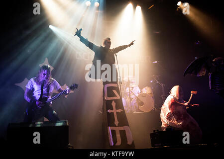 The Norwegian industrial metal band Gothminister performs a live concert at Rockefeller in Oslo. Here vocalist Gothminister (Bjørn Alexander Brem) is seen live on stage. Norway, 11/04 2012. Stock Photo