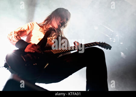 The Norwegian industrial metal band Gothminister performs a live concert at Rockefeller in Oslo. Here one of the band's guitarists is seen live on stage. Norway, 11/04 2012. Stock Photo