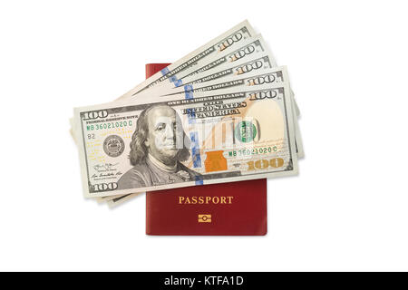 500 dollars bills blank passport, isolated on white background. of pocket expenses Stock Photo