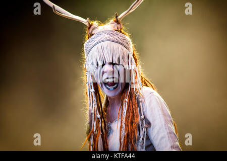 Norway, Borre – August 19, 2017. The Scandinavian alternative metal band Heilung performs a live concert at during the Norwegian metal festival Midgardsblot Festival 2017 in Borre. (Photo credit: Terje Dokken). Stock Photo