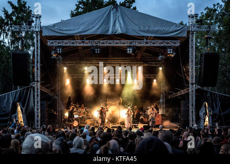 Norway, Borre – August 19, 2017. The Scandinavian alternative metal band Heilung performs a live concert at during the Norwegian metal festival Midgardsblot Festival 2017 in Borre. (Photo credit: Terje Dokken). Stock Photo