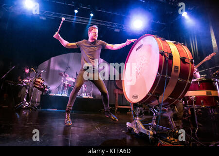 The American rock band Imagine Dragons performs a live concert at Sentrum Scene in Oslo. Here lead singer and songwriter Dan Reynolds is seen live on stage. Norway, 07/11 2013. Stock Photo