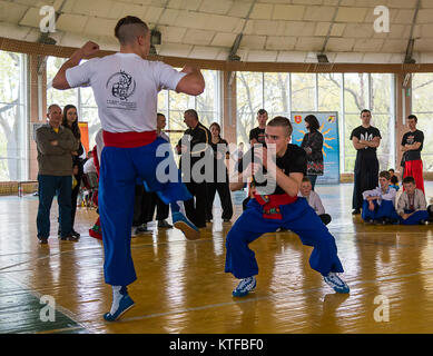 Lviv, Ukraine - April 25.2015: Competitors in the martial arts to perform in the gym in the city park in Lviv, Ukraine Stock Photo