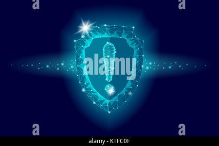 Cyber security safety shield low poly exclamation point. Polygonal geometric guard attention virus alert internet attack warning antivirus. Blue glow firewall protection hacker vector illustration Stock Vector