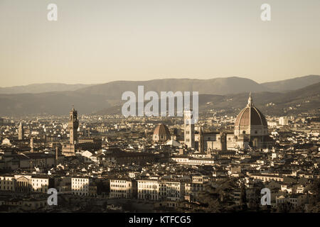 The view of Florence at sunset light. Cattedrale di Santa Maria del Fiore. Tuscany. Italy. Aged photo effect.