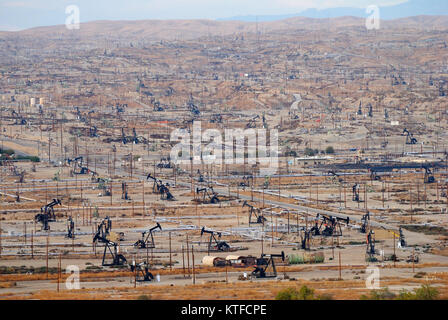 View over oil field in Bakersfiled, California,with derricks pumps. Stock Photo