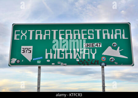 Rachel, Nevada, United States of America - November 21, 2017.  Extraterrestrial Highway sign on SR-375 highway in Rachel, NV. Stock Photo