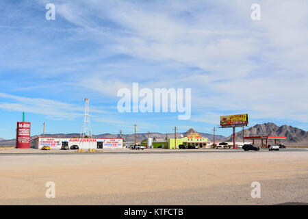 Amargosa Valley, Nevada, United States of America - November 24, 2017. Desert truck stop in Amargosa Valley with Area 51 Alien Center, commercial prop Stock Photo