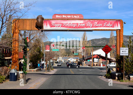 Big Bear Lake, California, United States of America - December 2, 2017. View of main street, Pine Knot Avenue, in Big Bear Lake, with season decoratio Stock Photo