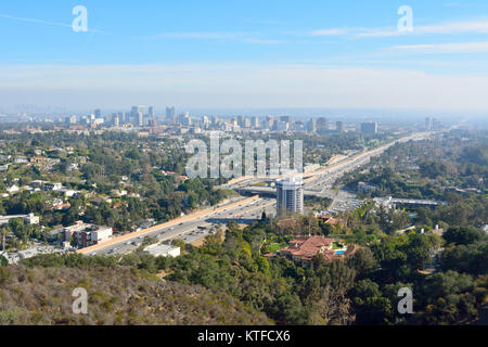 View over Los Angeles toward Century City district and San Diego freeway. Stock Photo