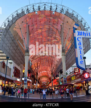 Las Vegas, Nevada, United States of America - November 24, 2017. View of Fremont Street in Las Vegas, with commercial properties, illuminated arch and Stock Photo
