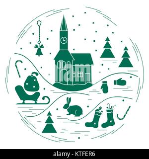 Vector illustration of different new year and christmas symbols arranged in a circle. Stock Vector