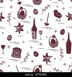 Pattern of Easter symbols: Easter cake, chick, lily, baskets, eggs and other. Design for banner, poster or print. Stock Vector