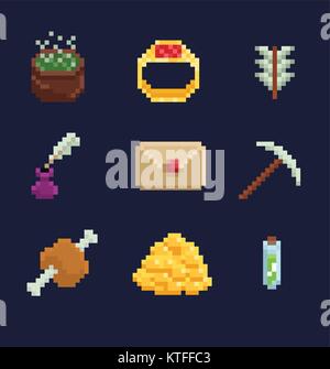 Vector pixel art illustration icons for fantasy adventure game development, ring, food, arrow, potion, inkwell, boiler, letter, pick, gold Stock Vector