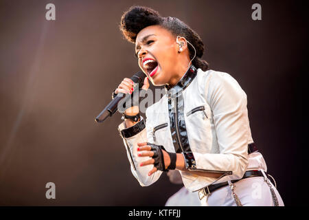 The American soul and R&B singer and songwriter Janelle Monae performs a live concert at the Norwegian music festival Øyafestivalen 2014. Norway, 07/08 2014. Stock Photo