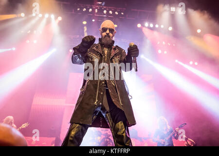 The English heavy metal band Judas Priest performs a live concert at Spektrum in Oslo. Here vocalist Rob Halford is seen live on stage. Norway, 02/06 2015. Stock Photo