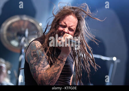 The American heavy metal band Korn (stylized KoЯn) performs a live concert at Youngstorget in Oslo. Here lead singer Jonathan Davis is seen live on stage. Norway, 16/06 2011. Stock Photo