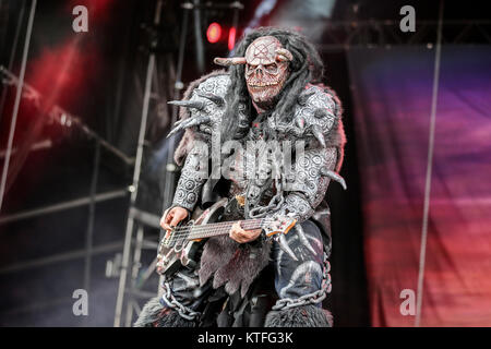 The Finnish hard rock band Lordi performs a live concert at the Swedish music festival Sweden Rock Festival 2016. Here bass player OX is seen live on stage. Sweden, 09/06 2016. Stock Photo