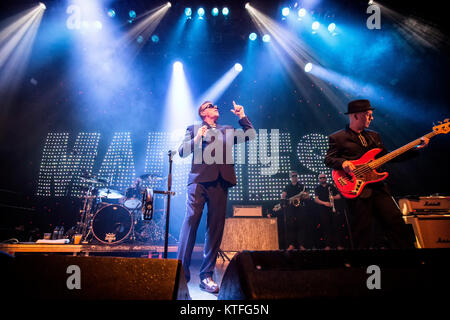 The British ska and pop band Madness performs a live concert at Rockefeller in Oslo. Here singer Graham “Suggs” McPherson is seen live on stage. Norway, 01/10 2016. Stock Photo