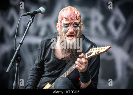 Norway, Borre – August 19, 2017. The Finnish pagan metal band Moonsorrow performs a live concert at during the Norwegian metal festival Midgardsblot Festival 2017 in Borre. Here guitarist Janne Perttila is seen live on stage. Stock Photo