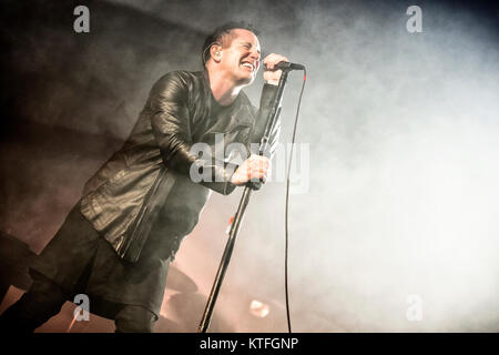 The American industrial rock band Nine Inch Nails performs a live concert at Oslo Spektrum. Here vocalist and songwriter Trent Reznor is seen live on stage. Norway, 12/05 2014. Stock Photo