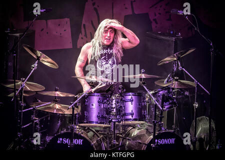 The international hard rock band Nordic Beast performs a live at Rockefeller in Oslo. Here drummer Mikkey Dee (known from Motörhead) is seen live on stage. Norway, 31/01 2014. Stock Photo