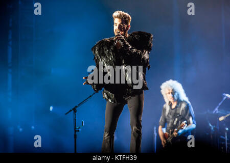 The American singer, songwriter and stage artist Adam Lambert performs a live concert with the active members from the British band Queen at the Swedish music festival Sweden Rock Festival 2016. Sweden, 09/06 2016. Stock Photo