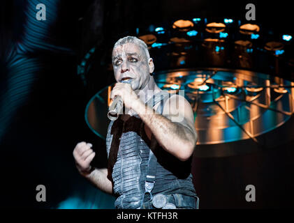 Rammstein, the German industrial metal band, performs a live concert at Vallhall Arena in Oslo. Here the band’s characteristic vocalist Till Lindemann is seen live on stage. Norway, 19/02 2012. Stock Photo