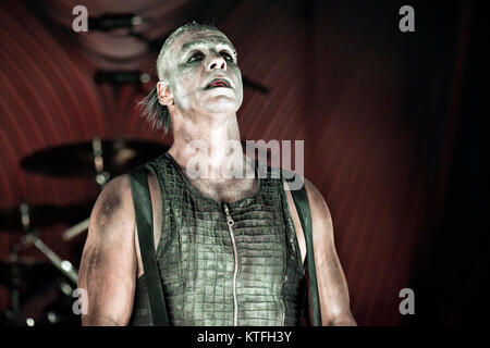 Rammstein, the German industrial metal band, performs a live concert at Vallhall Arena in Oslo. Here the band’s characteristic vocalist Till Lindemann is seen live on stage. Norway, 19/02 2012. Stock Photo