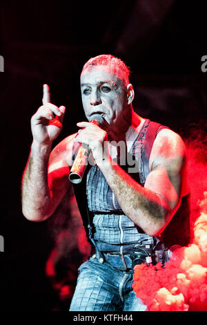 Rammstein, the German industrial metal band, performs a live concert at Vallhall Arena in Oslo. Here the band’s characteristic vocalist Till Lindemann is seen live on stage. Norway, 19/02 2012. Stock Photo