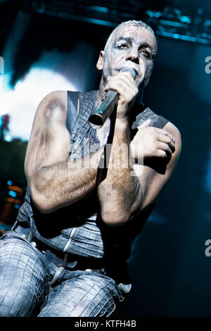 Rammstein, the German industrial metal band, performs a live concert at Vallhall Arena in Oslo. Here the band’s characteristic vocalist Till Lindemann is seen live on stage. Norway, 19/02 2012. Stock Photo