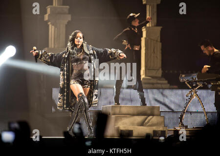 The American pop and R&B singer, songwriter and actress Robyn Rihanna Fenty is best known by her stage name Rihanna and here performs live concert at Telenor Arena in Oslo. Norway, 25/07 2013. Stock Photo