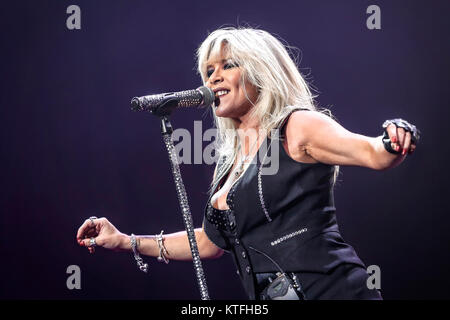 The English singer, songwriter and musician Samantha Fox performs live at the show ‘We Love the 80s’ at Telenor Arena in Oslo. Norway, 26/04 2014. Stock Photo