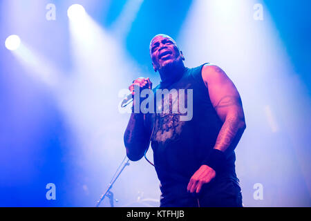 The Brazilian death and thrash metal band Sepultura performs a live concert at Rockefeller in Oslo. Here vocalist Derrick Green is seen live on stage. Denmark, 07/02 2017. Stock Photo