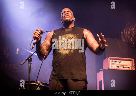 The Brazilian death and thrash metal band Sepultura performs a live concert at Rockefeller in Oslo. Here vocalist Derrick Green is seen live on stage. Denmark, 07/02 2017. Stock Photo