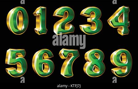 Vector gold numbers, 0, 1, 2, 3, 4, 5, 6, 7, 8 and 9 in 3D style Stock Vector