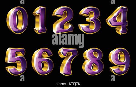 Vector gold numbers, 0, 1, 2, 3, 4, 5, 6, 7, 8 and 9 in 3D style Stock Vector