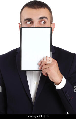 Cheerful businessman with tablet on white background Stock Photo