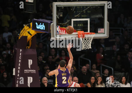 Los Angeles, CA, USA. 23rd Dec, 2017. Los Angeles Lakers guard Lonzo Ball (2) shooting a floater during the first half of the Portland Trail Blazers vs Los Angeles Lakers at Staples Center on December 23, 2017. (Photo by Jevone Moore/Cal Sport Media (Network Television please contact your Sales Representative for Television usage. Credit: csm/Alamy Live News Stock Photo