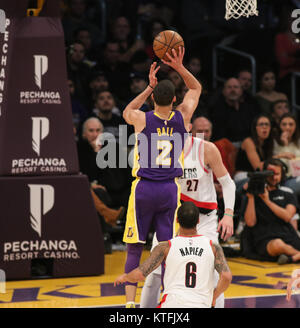Los Angeles, CA, USA. 23rd Dec, 2017. Los Angeles Lakers guard Lonzo Ball (2) on jump shot during the first half of the Portland Trail Blazers vs Los Angeles Lakers at Staples Center on December 23, 2017. (Photo by Jevone Moore/Cal Sport Media (Network Television please contact your Sales Representative for Television usage. Credit: csm/Alamy Live News Stock Photo
