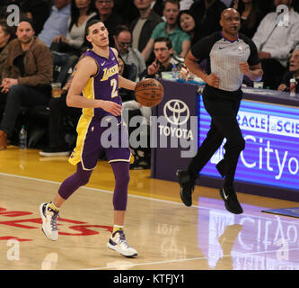 Los Angeles, CA, USA. 23rd Dec, 2017. Los Angeles Lakers guard Lonzo Ball (2) during the first half of the Portland Trail Blazers vs Los Angeles Lakers at Staples Center on December 23, 2017. (Photo by Jevone Moore/Cal Sport Media (Network Television please contact your Sales Representative for Television usage. Credit: csm/Alamy Live News Stock Photo