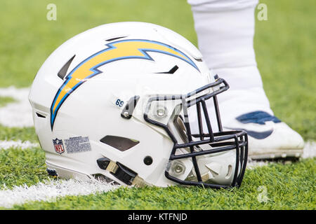 East Rutherford, New Jersey, USA. 24th Dec, 2017. Los Angeles Chargers helmet sits on the field prior to the NFL game between the Los Angeles Chargers and the New York Jets at MetLife Stadium in East Rutherford, New Jersey. Christopher Szagola/CSM/Alamy Live News Stock Photo