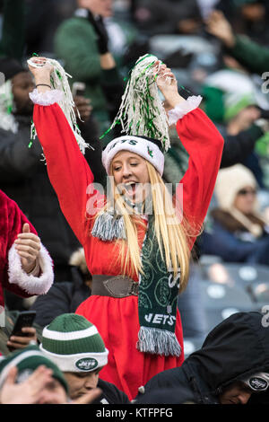 East Rutherford, New Jersey, USA. 24th Dec, 2017. New York Jets fan cheers her team on during the NFL game between the Los Angeles Chargers and the New York Jets at MetLife Stadium in East Rutherford, New Jersey. Christopher Szagola/CSM/Alamy Live News Stock Photo