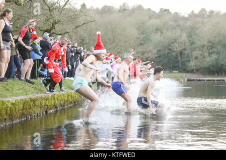 Sutton Coldfield, West Midlands, UK. 25th December, 2017. Scores of people turn out for the traditional Christmas Day swim in Blackroot Pool, in Sutton Park, Sutton Coldfield. Stock Photo