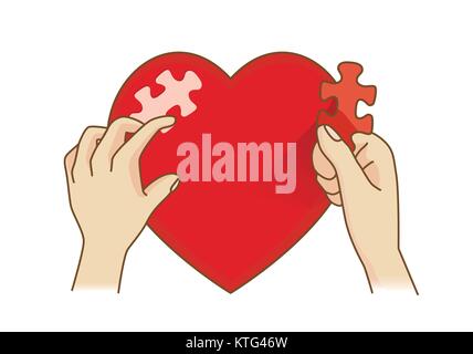 Hand paste the last piece to complete the heart shape jigsaw. Stock Vector