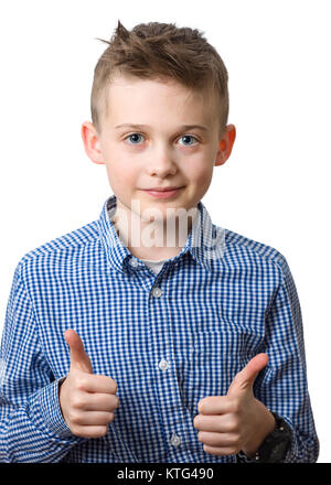 Young caucasian boy doing thumbs up gesture head and shoulder portrait isolated on white background  Model Release: Yes.  Property Release: No. Stock Photo