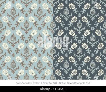 Retro Seamless Pattern Nature Flower Pineapple Fruit Stock Vector