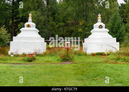 Buddhist stupa. Buddhist datsan Bodhidharma at the foot of Mundarga Mountain of Tunka range in Arshan. Buryatia. Russia Stock Photo